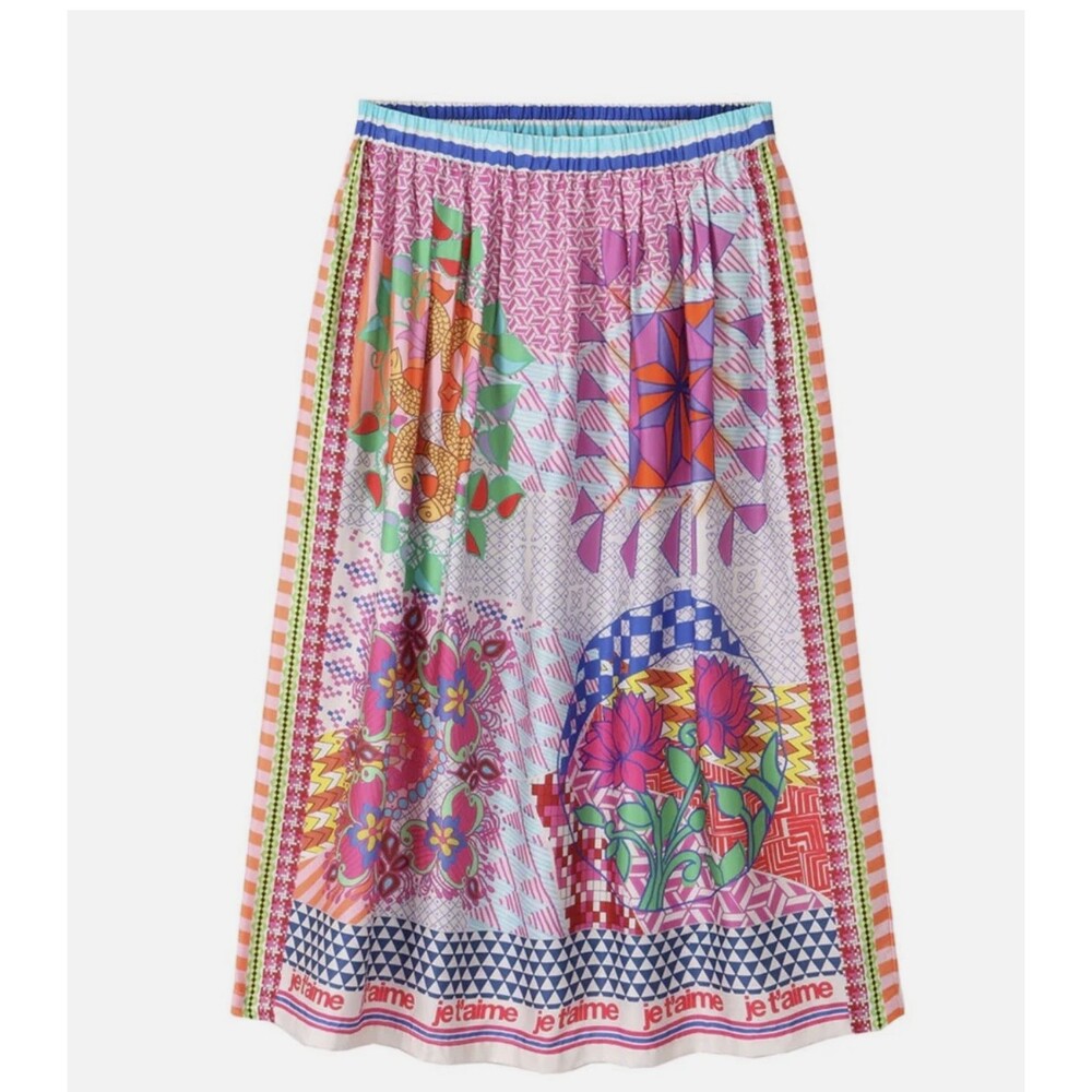 ME369 Elizabeth Printed Midi Skirt Women XS/S Sag Harbor Mixed Graphic Boho New